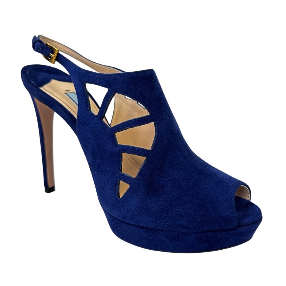 PRADA Camoscio Blue Suede Cutout Slingback Heels Shoes NEW 39